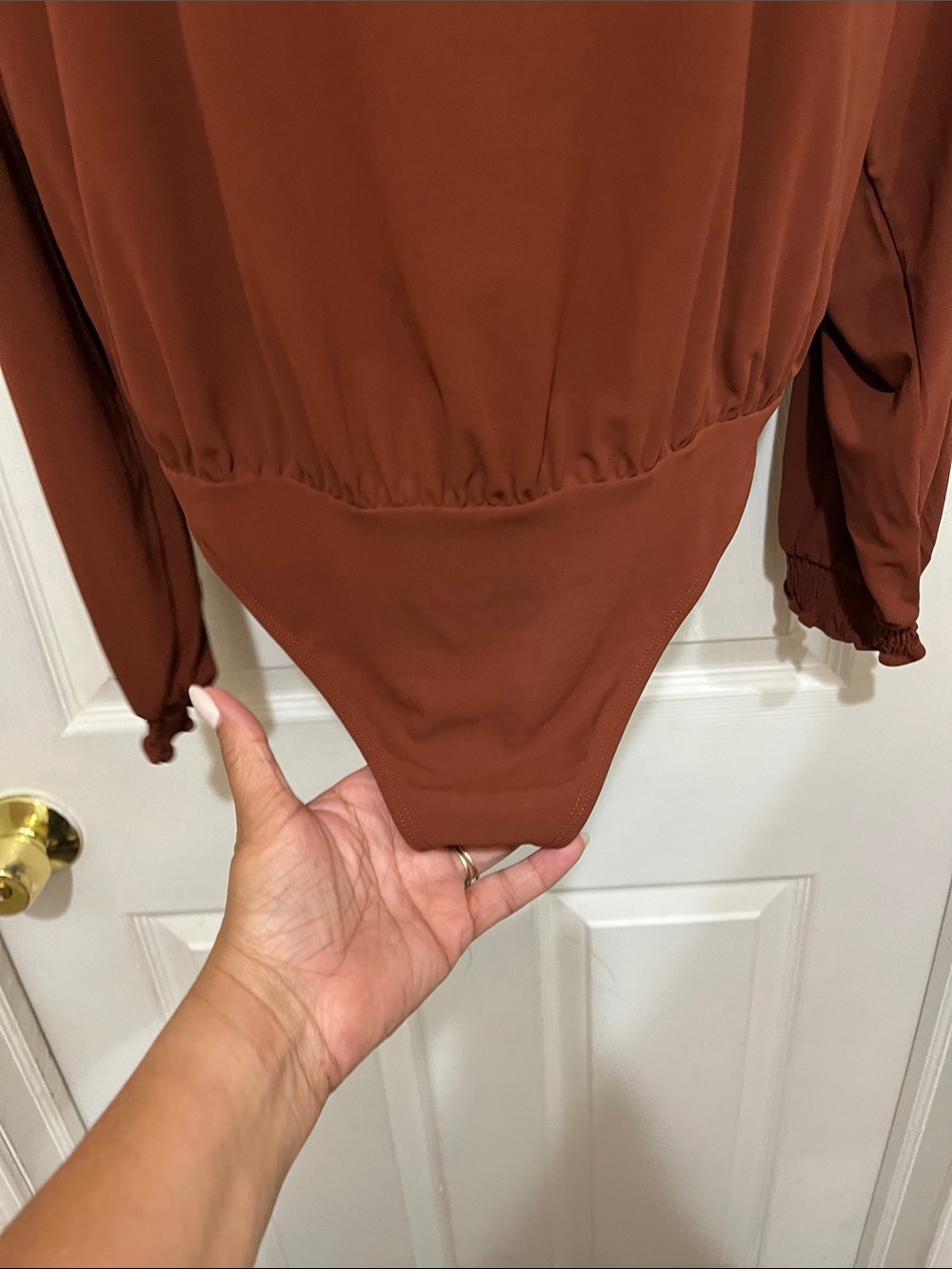 Express Rust Ruffled Mock Neck Long-Sleeve Bodysuit - Picture 4 of 6